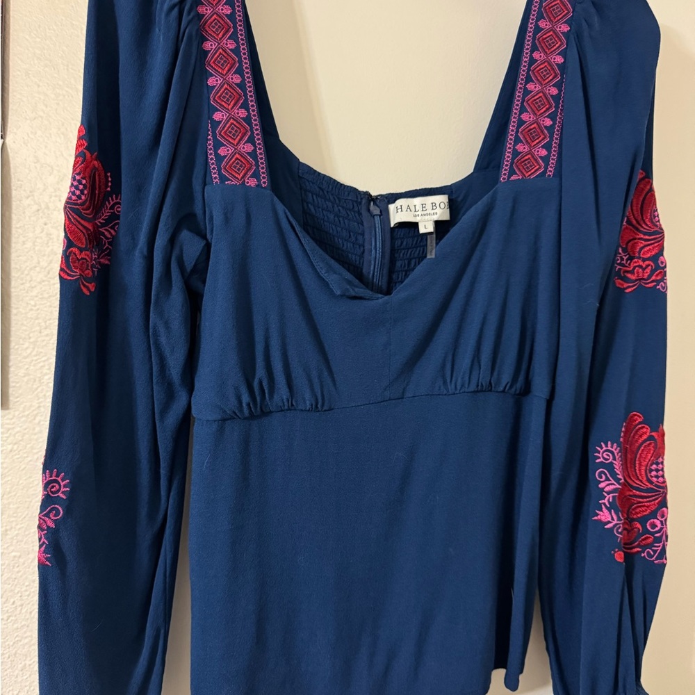 NWOT Hale Bob Women's Blue Top with Pink Embroidery